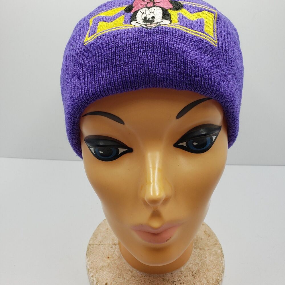 Vintage Disney Mickey Unlimited Minnie Mouse MOM Beanie Hat Purple Navy Knit Pom - Picture 4 of 11